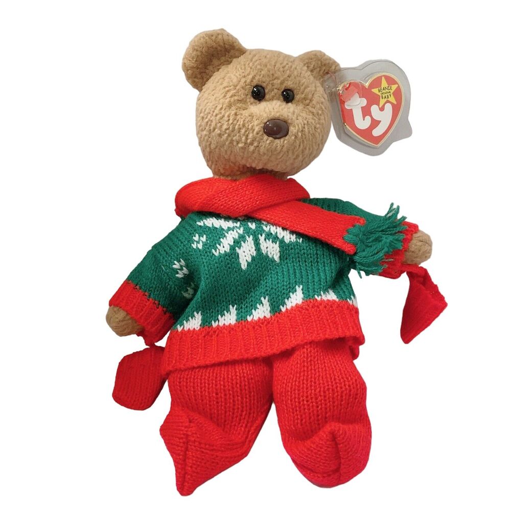 Original Ty Beanie Babies Curly The Bear Plush 1996 Wearing Santa Christmas Suit
